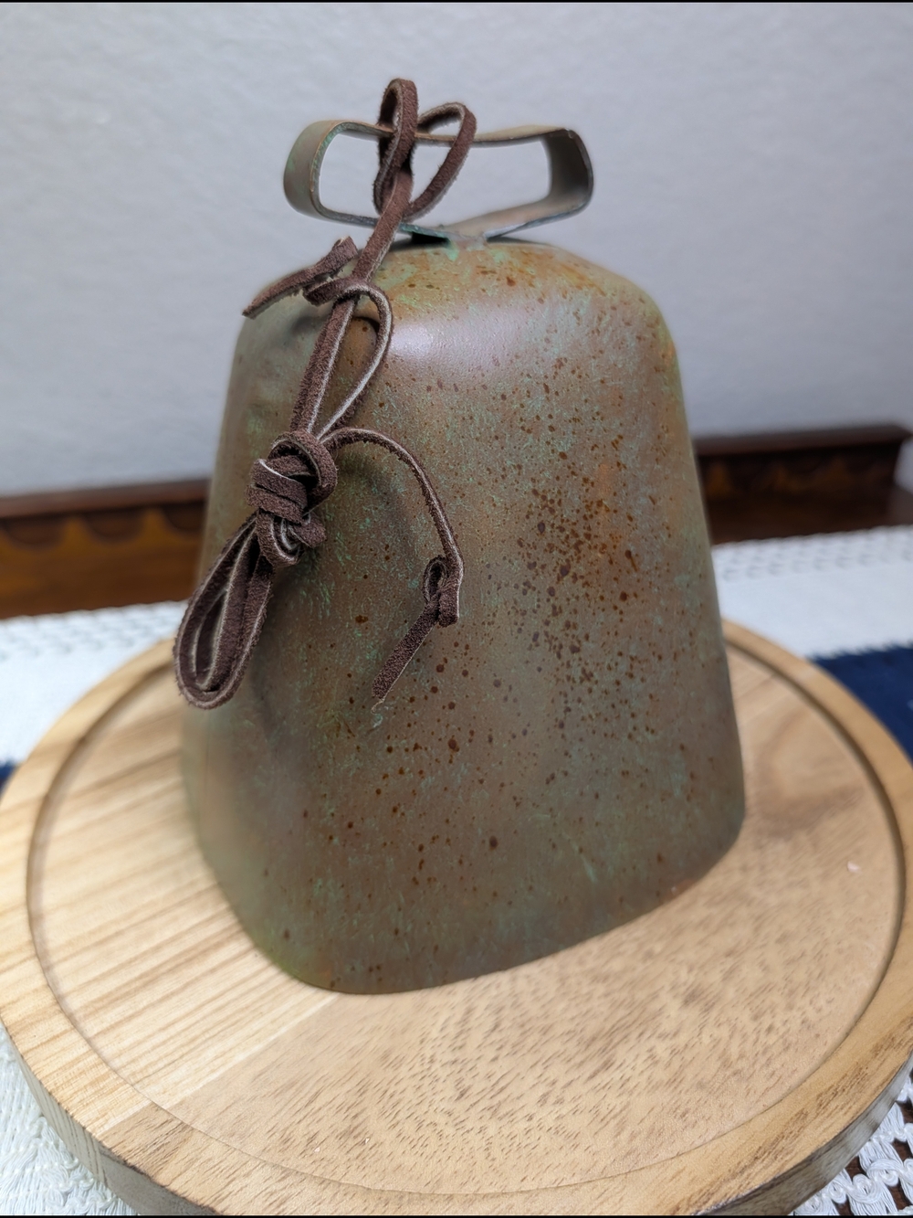 Rustic Farmhouse Green Brown Decorative Cowbell with Leather Strap Metal